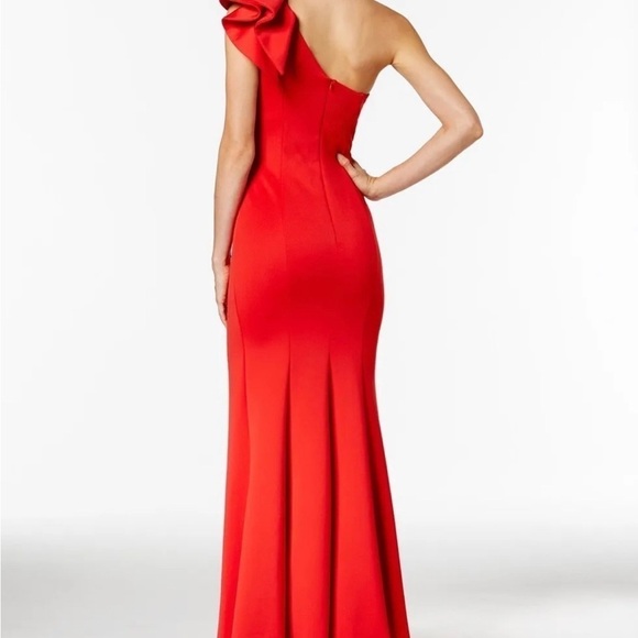 $460 Betsy & Adam Womens Red Ruffled One Shoulder Trumpet Scuba Gown Dress 6 - Picture 2 of 7